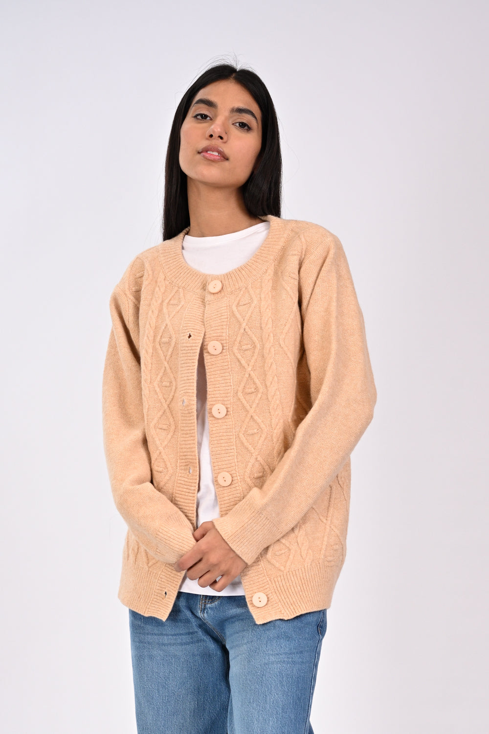 CABLE KNIT BUTTON DOWN SWEATER Breakout