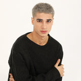 BOXY FIT HALF CARDIGAN KNIT SWEATER