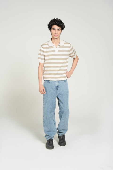 STRIPPED JOHNNY COLLAR KNITTED POLO