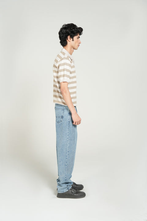 STRIPPED JOHNNY COLLAR KNITTED POLO