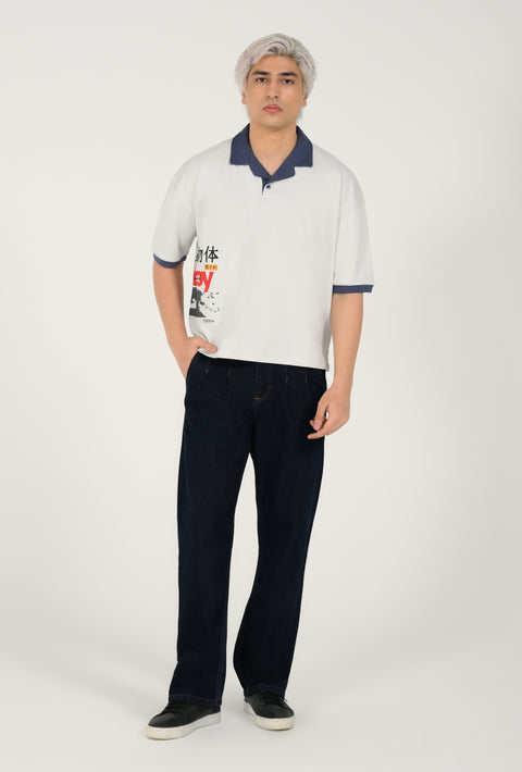 BOXY FIT CONTRAST RESORT COLLAR GRAPHIC POLO