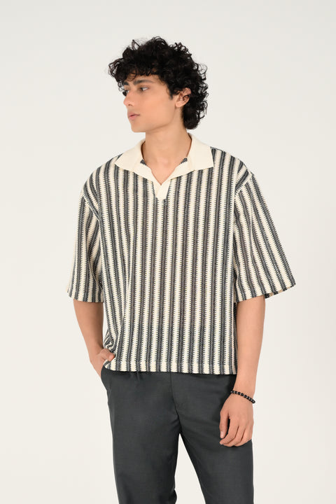 BOXY FIT JOHNNY COLLAR JACQUARD SHIRT