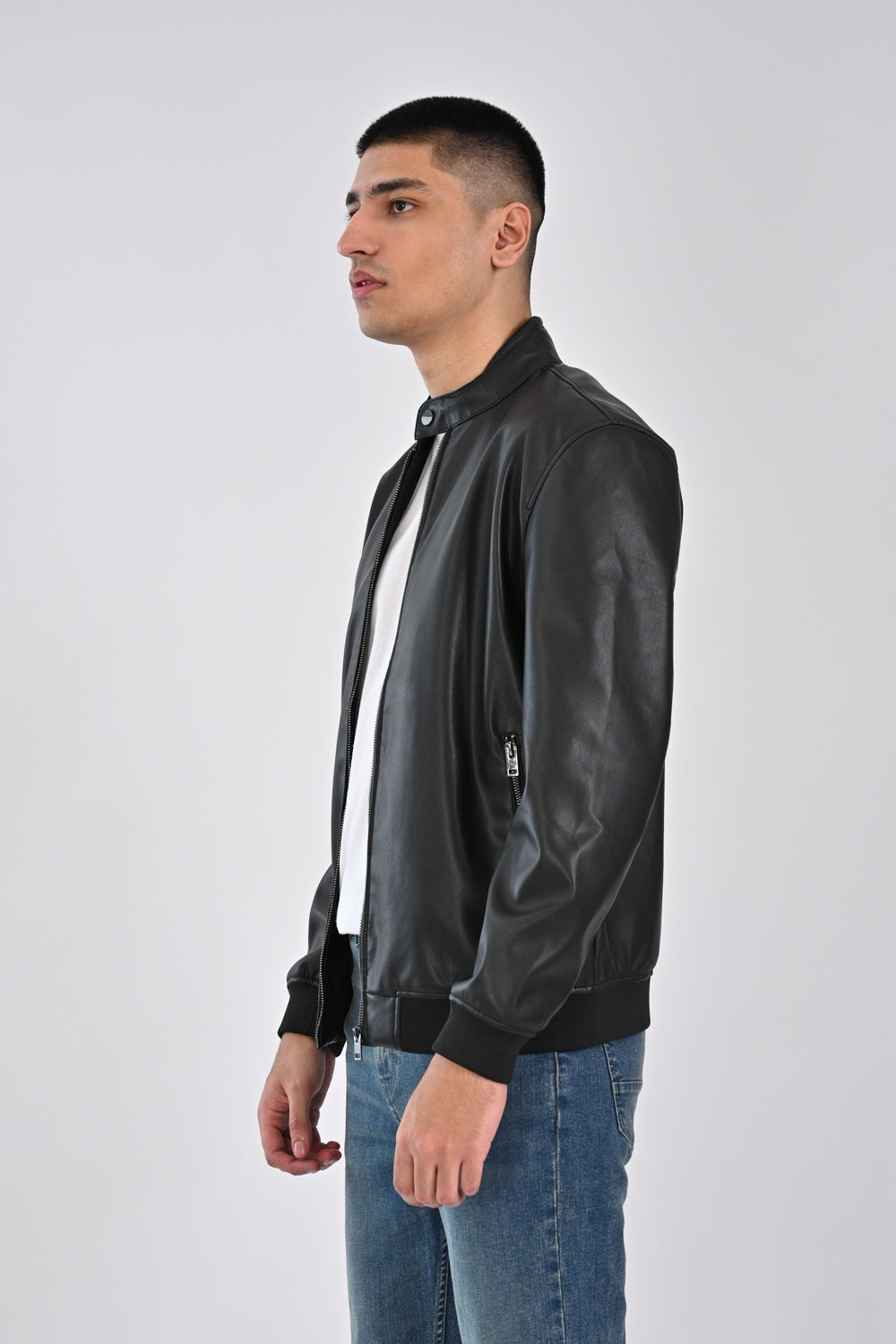 FAUX LEATHER BAND COLLAR JACKET