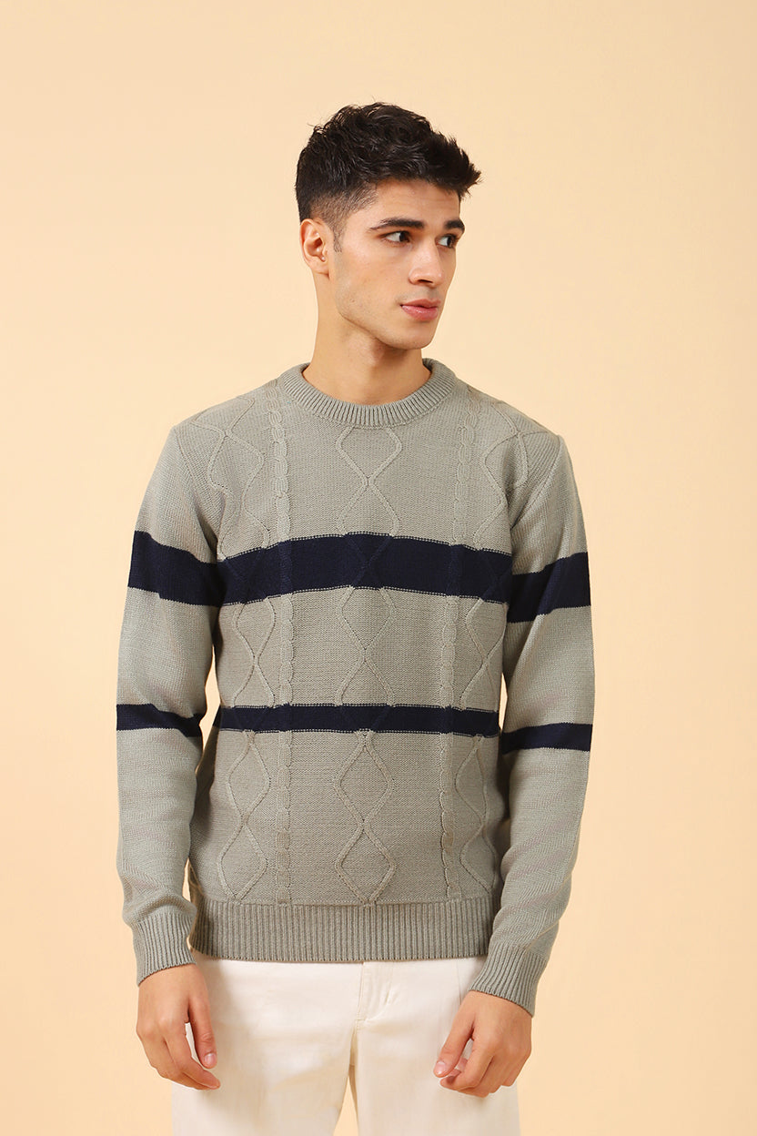 CABLE KNIT CONTRAST STRIPE SWEATER