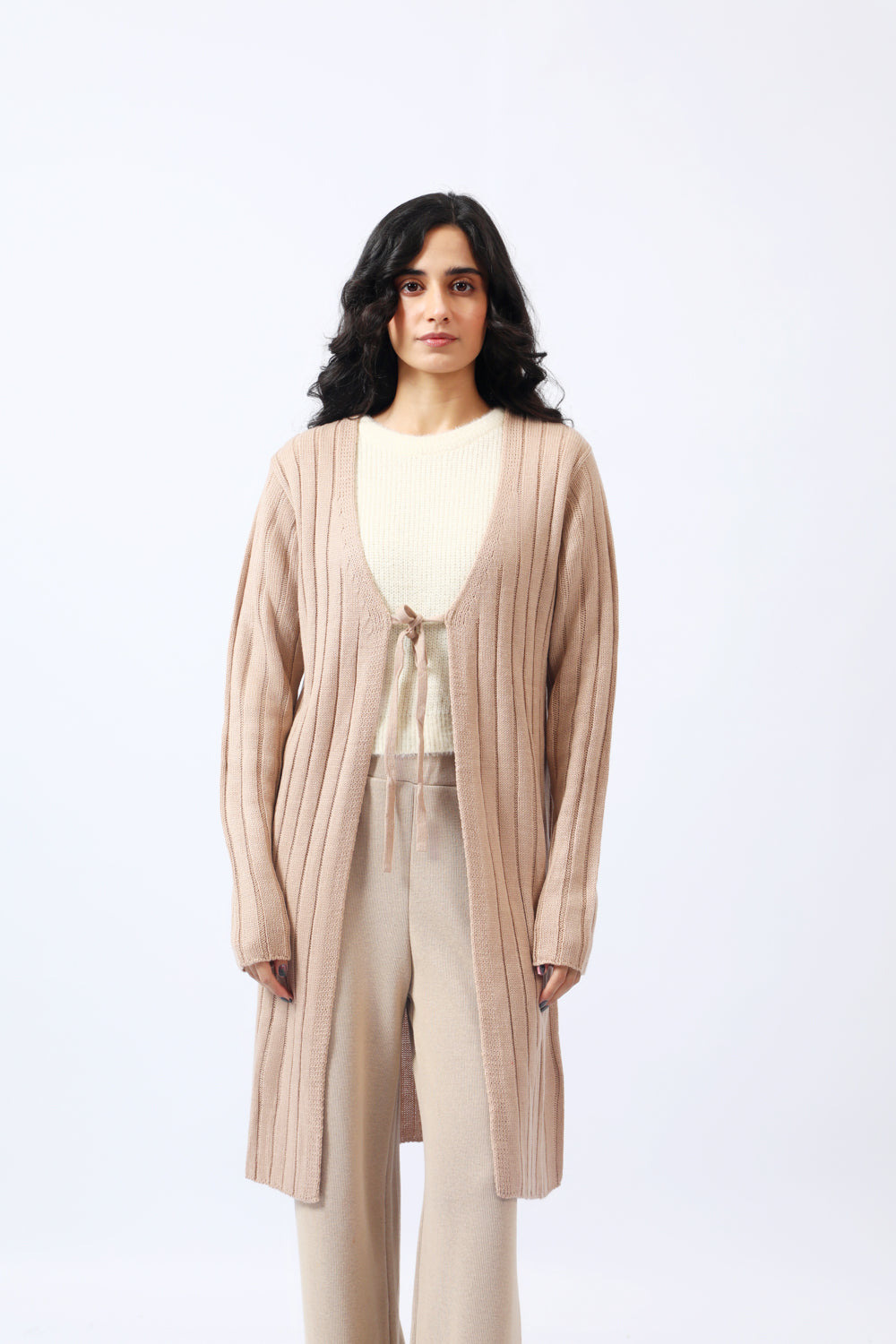 TIE FRONT LONG RIBBED CARDIGAN