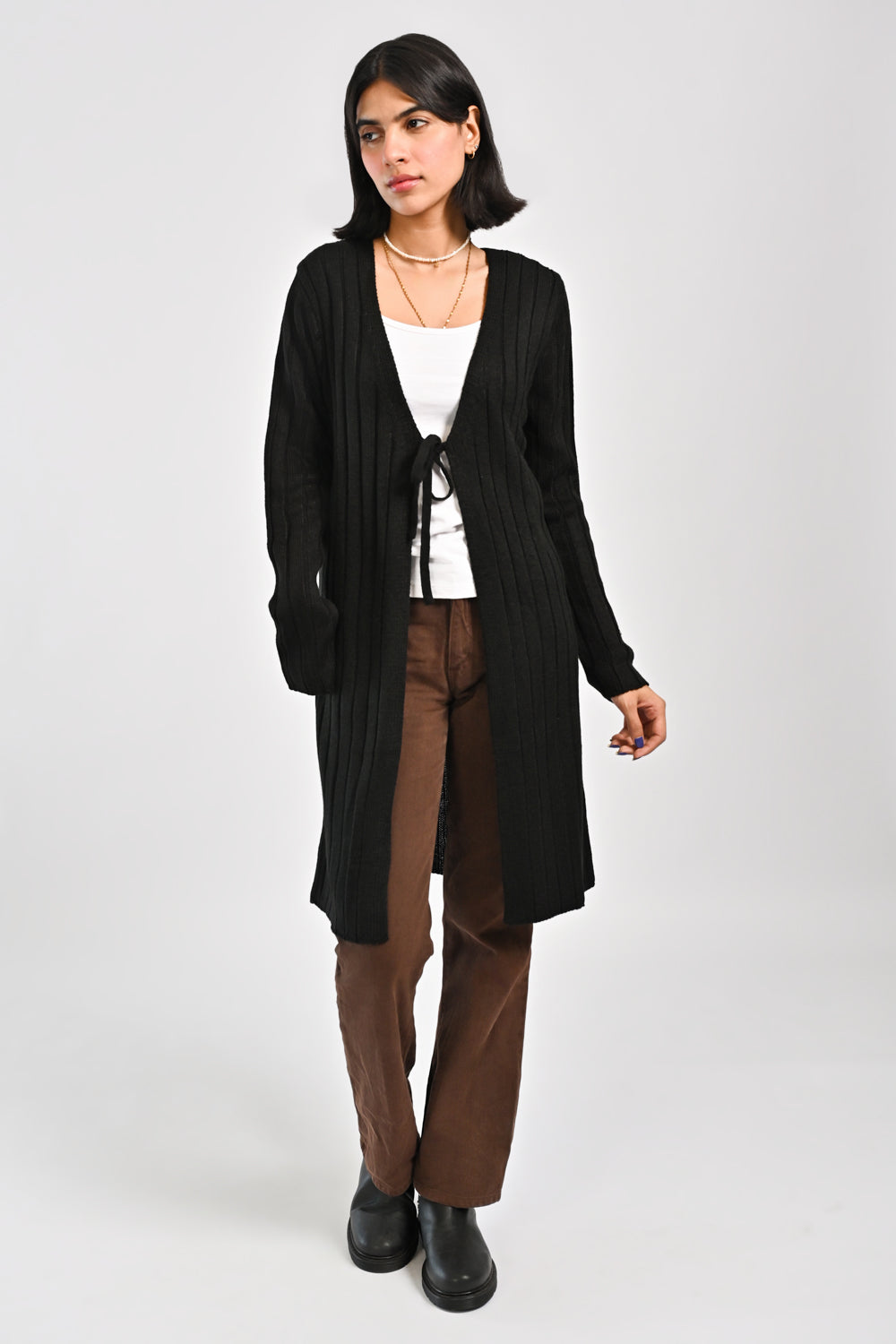 TIE FRONT LONG RIBBED CARDIGAN