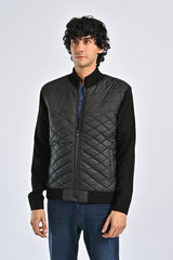 MOCK NECK CONTRAST SLEEVE QUILTED JACKET