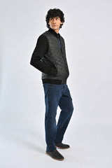 MOCK NECK CONTRAST SLEEVE QUILTED JACKET