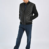 MOCK NECK CONTRAST SLEEVE QUILTED JACKET