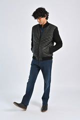 MOCK NECK CONTRAST SLEEVE QUILTED JACKET