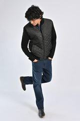 MOCK NECK CONTRAST SLEEVE QUILTED JACKET