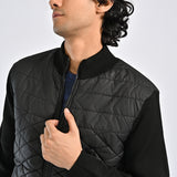 MOCK NECK CONTRAST SLEEVE QUILTED JACKET