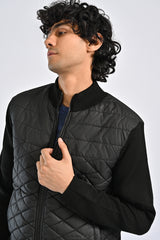 MOCK NECK CONTRAST SLEEVE QUILTED JACKET