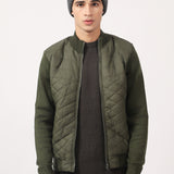 MOCK NECK CONTRAST SLEEVE QUILTED JACKET