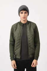 MOCK NECK CONTRAST SLEEVE QUILTED JACKET