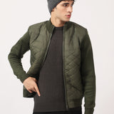 MOCK NECK CONTRAST SLEEVE QUILTED JACKET