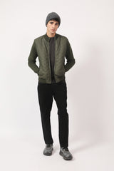 MOCK NECK CONTRAST SLEEVE QUILTED JACKET