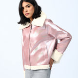 FAUX SHEARLING LINED FOIL JACKET