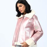 FAUX SHEARLING LINED FOIL JACKET