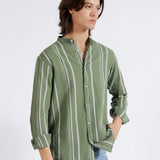 MANDARIN COLLAR LINEN STRIPED SHIRT