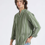 MANDARIN COLLAR LINEN STRIPED SHIRT