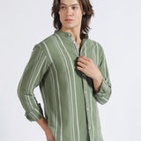 MANDARIN COLLAR LINEN STRIPED SHIRT
