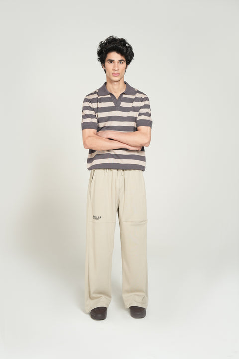 STRIPPED JOHNNY COLLAR KNITTED POLO