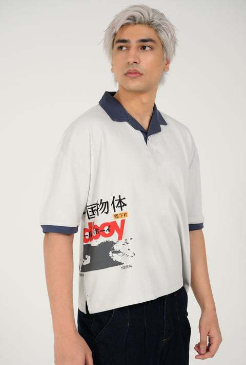 BOXY FIT CONTRAST RESORT COLLAR GRAPHIC POLO