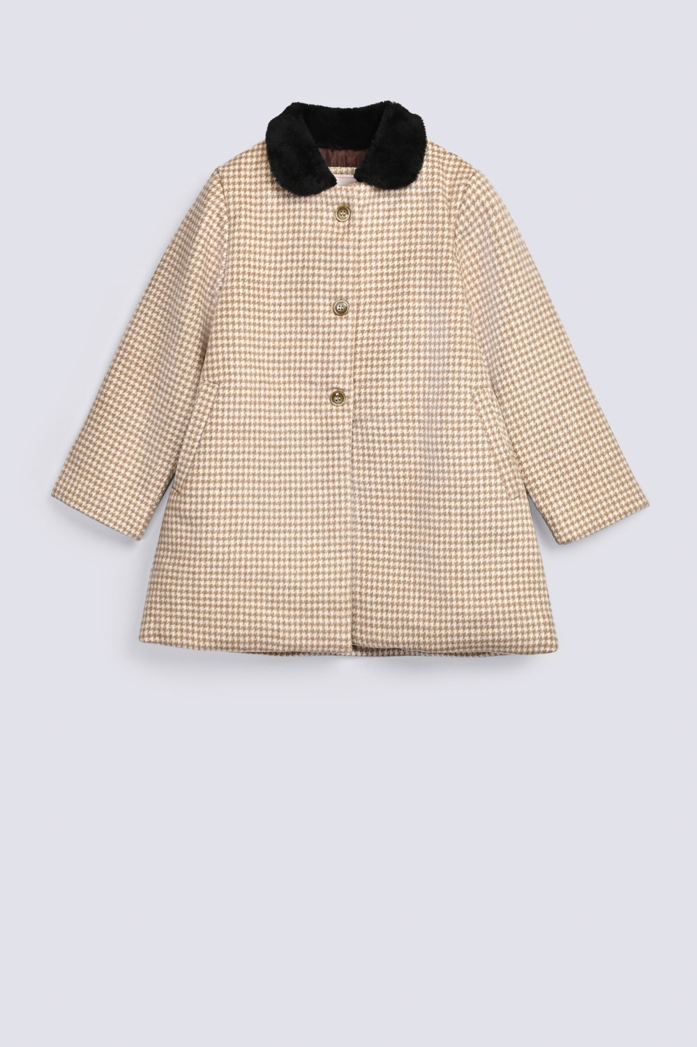 GIRLS HOUNDSTOOTH COAT WITH FUR COLLAR