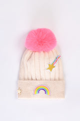 GIRLS RAINBOW CAP WITH POM POM