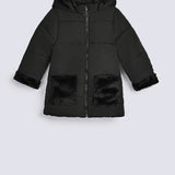 GIRLS LONG PUFFER JACKET WITH FUR POCKET