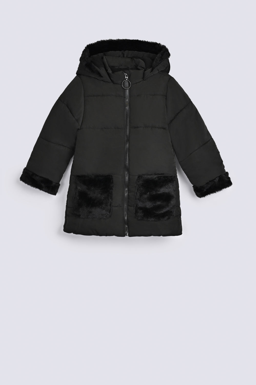 GIRLS LONG PUFFER JACKET WITH FUR POCKET