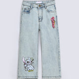 GIRLS STITCH PRINTED LOOSE DENIM