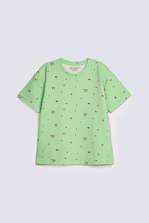 GIRLS DROP SHOULDER PRINTED RIBBED TEE