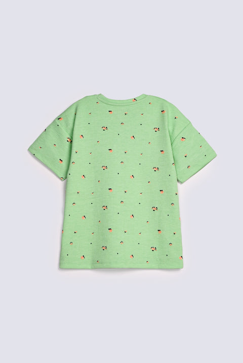 GIRLS DROP SHOULDER PRINTED RIBBED TEE