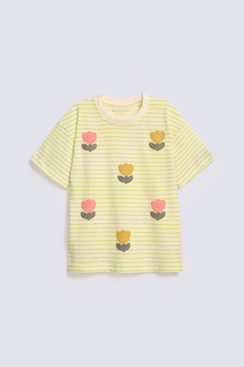 GIRLS DROP SHOULDER FLORAL PRINTED T-SHIRT