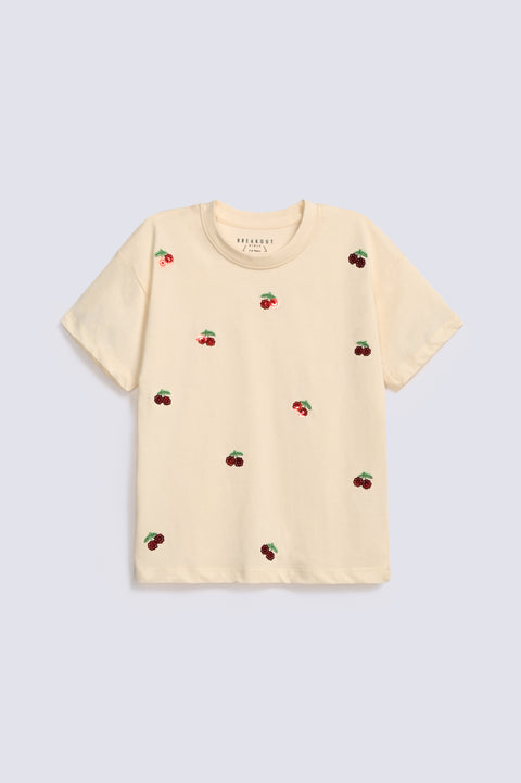 GIRLS DROP SHOULDER CHERRY EMBELLISHED T-SHIRT