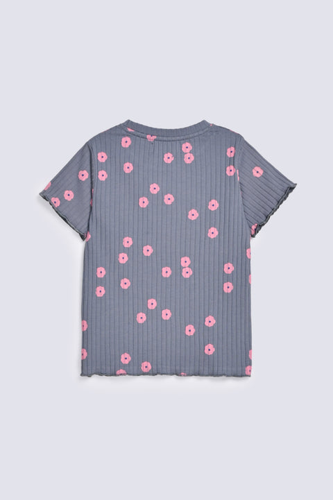 GIRLS FLORAL PRINTED RIBBED T-SHIRT