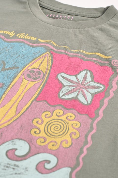 GIRLS DROP SHOULDER TROPICAL PRINTED T-SHIRT